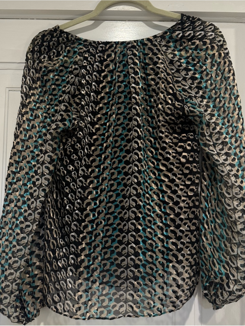 Diane Von Furstenberg Black, Teal & Cream chain link Print Sheer Blouse - Picture 8 of 8